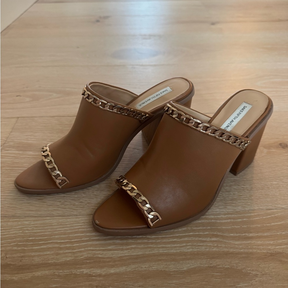 Brown Leather Mules with Gold Chain by Saks Fifth Avenue